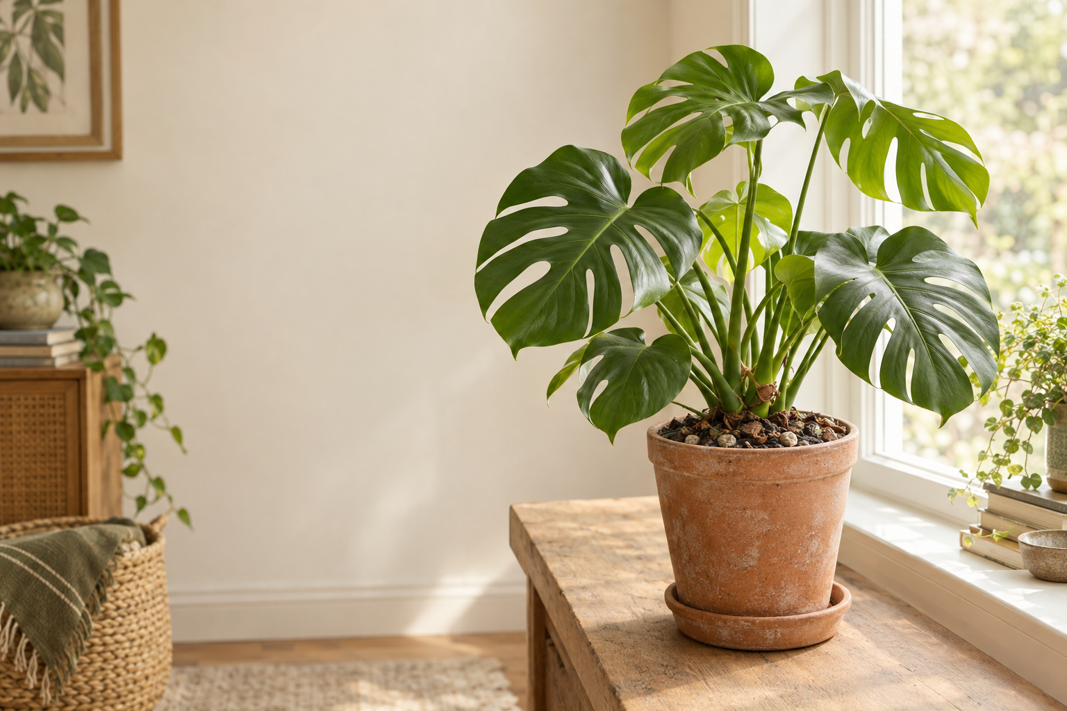 Monstera deliciosa in a pot of open, peat-free growing medium beside a softly lit window