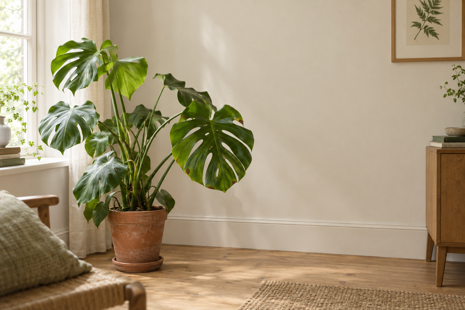 Monstera deliciosa with a few brown spots on its leaves in a softly lit UK home